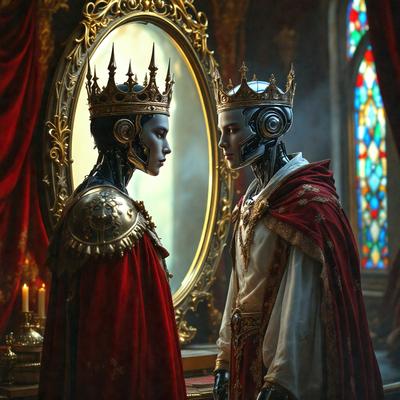 The primary subject of the image is a man wearing a crown, standing in front of a mirror. The setting appears to be a room with a window, and the visual style is a digital art or illustration. The colors in the image are predominantly red and gold, giving the scene a regal and majestic atmosphere.